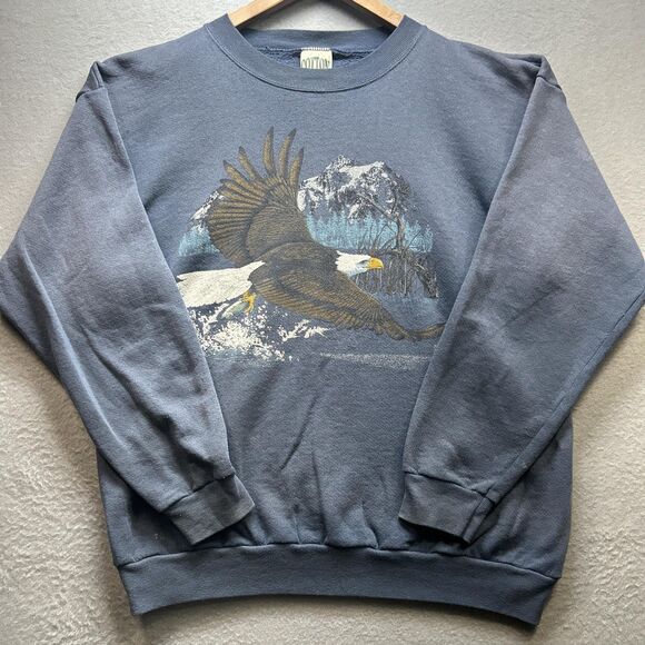 VINTAGE Cotton Grove Designs Sweatshirt Mens Large Blue Bald Eagle Made USA 90s - Picture 1 of 13